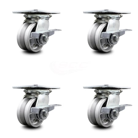 Service Caster 4 Inch Heavy Duty V Groove Semi Steel Caster Set with Roller Bearings and Brakes SCC-35S420-VGR-SLB-4